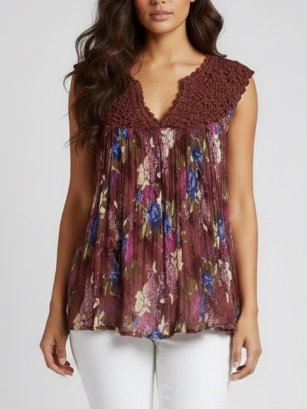 Sundance Burgundy Floral Crochet-Yoke Swing Tank